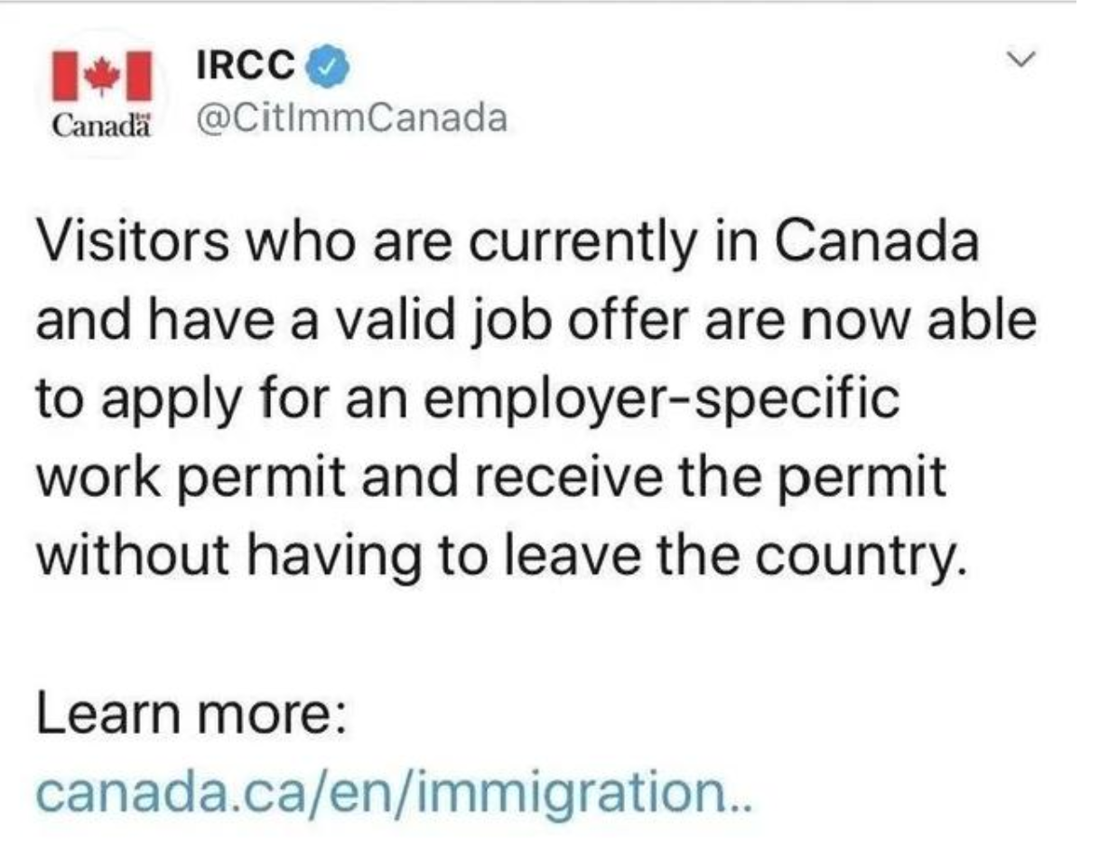 加拿大移民局宣布：境内游客可直接申请工签！满足3个条件即可！