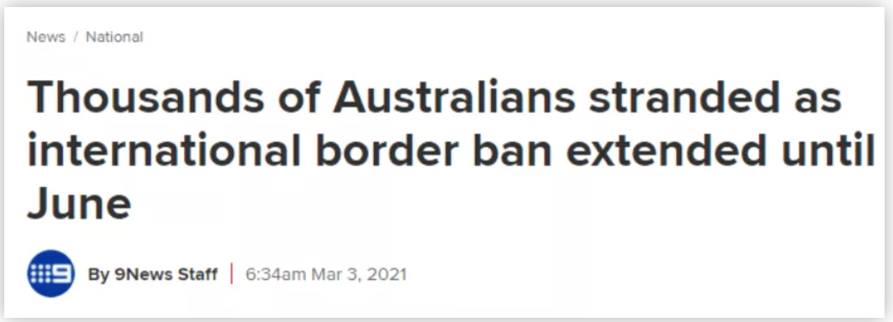 澳洲封国令再延å，数千澳人滞留海外，6月17日前仍不可国际旅行