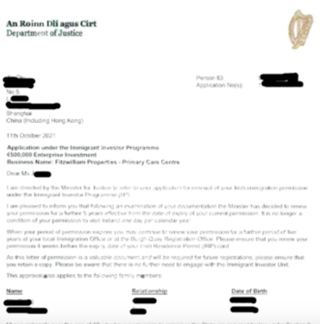 爱尔兰投资客户上海Q女士喜获3年换5年续签批准信！