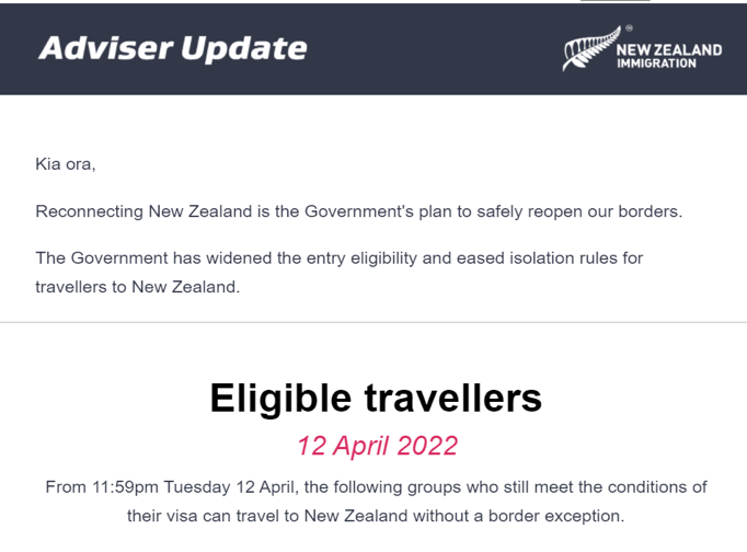 2022年4-5月新西兰工作、学生和访客签证入境计划