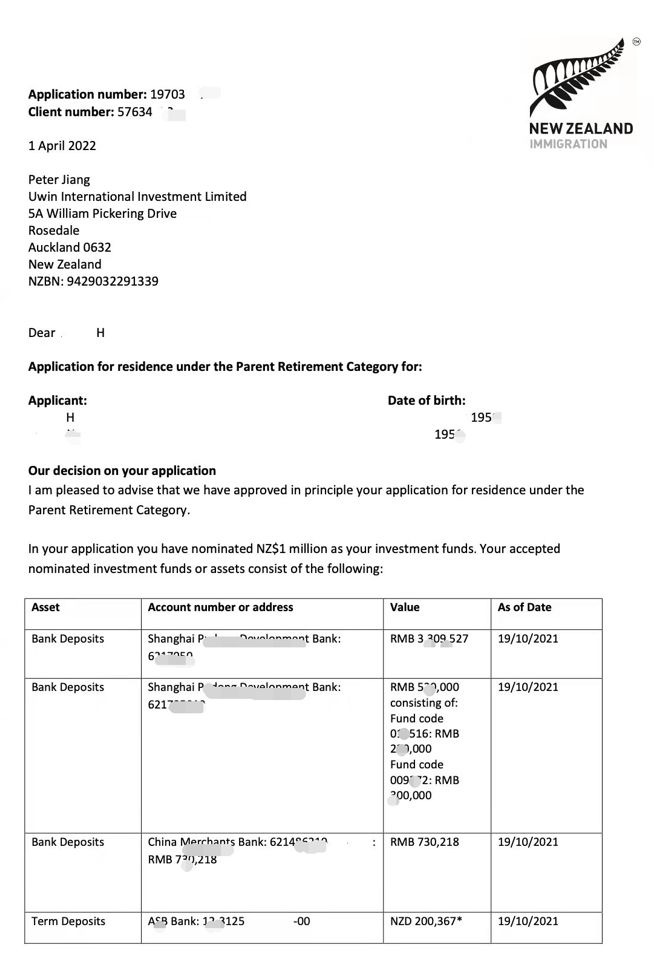 恭贺新西兰退休移民申请人喜获原则批准信！
