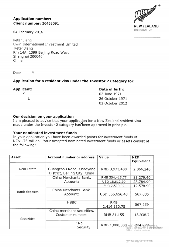 捷报！恭祝源盛国际客户北京Y女士喜获新西兰投资2类原则批准信！