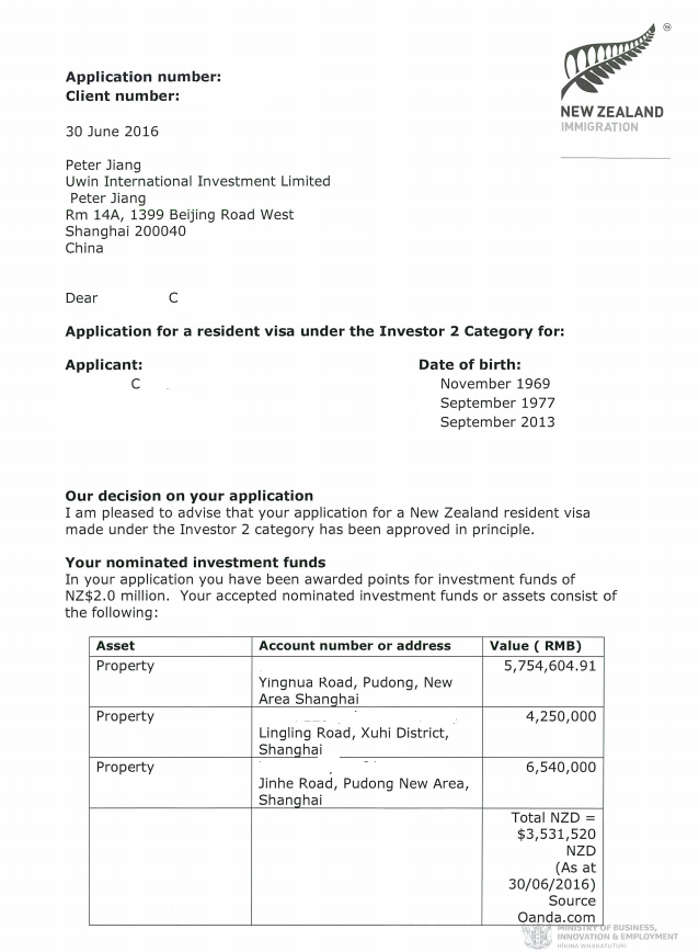 捷报！恭祝源盛国际客户上海C先生喜获新西兰投资2类原则批准信！